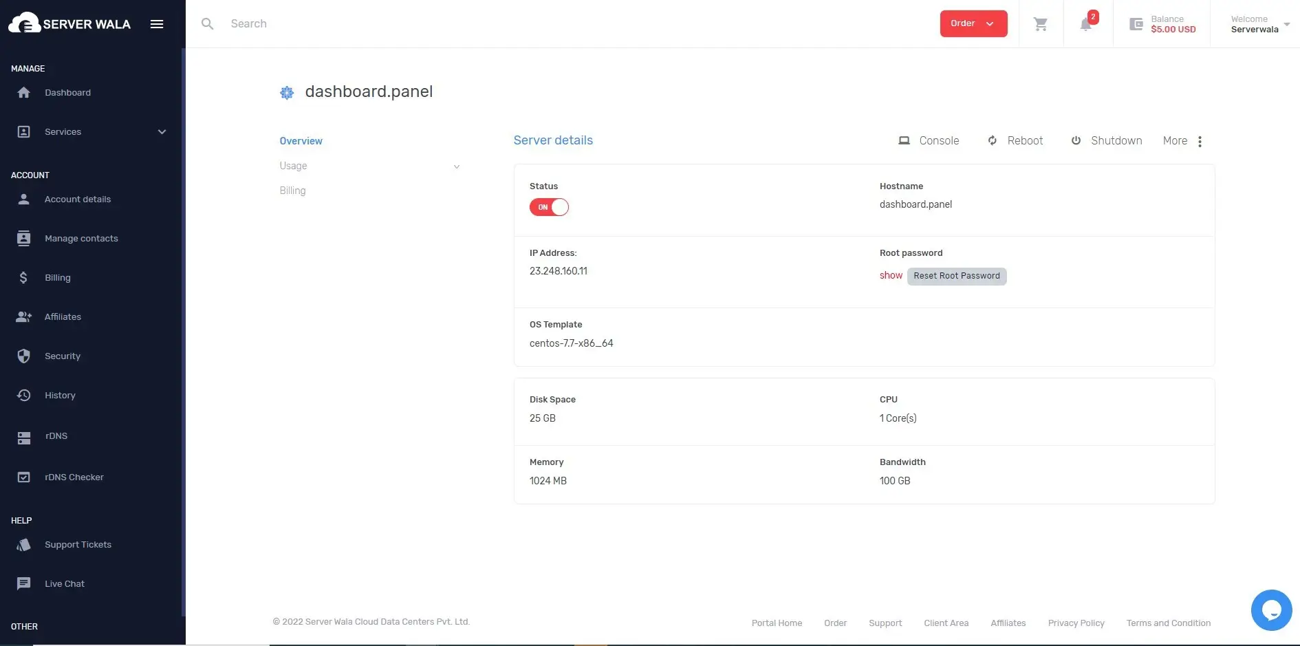 Start/Stop/Reboot Virtual Machine Dashboard Panel